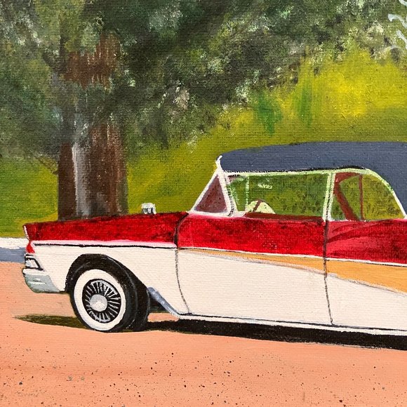 Vintage Original Painting - 1958 Ford Skyliner (?) Unsigned - Picture 3 of 11